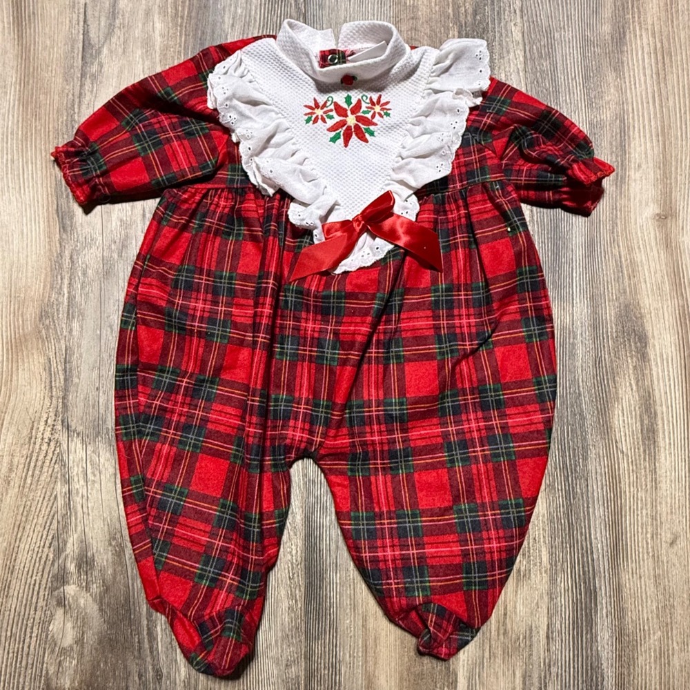 Vintage Precious Beginnings Footed Sleeper Red Plaid Poinsettia Storybook
